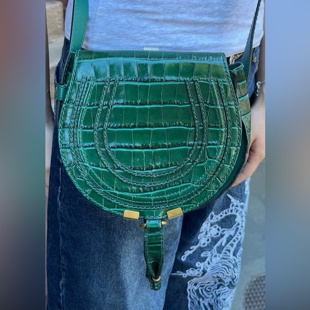 Chloe Green Croc-Embossed Marcie Crossbody Bag